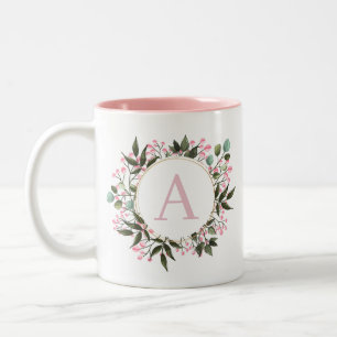 Pink Floral Circle Frame Monogram Editable Initial Two-Tone Coffee Mug