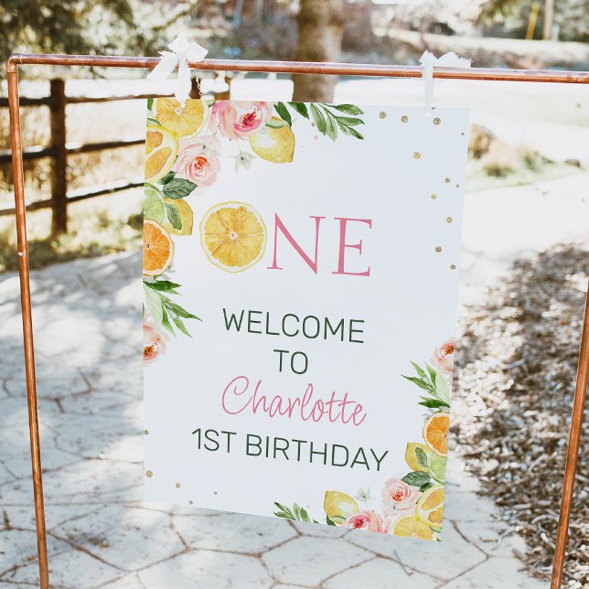 Pink Floral Citrus 1st Birthday Welcome Sign (Citrus themed or our little sweet one 1st birthday welcome sign with oranges, lemons and pink flower)