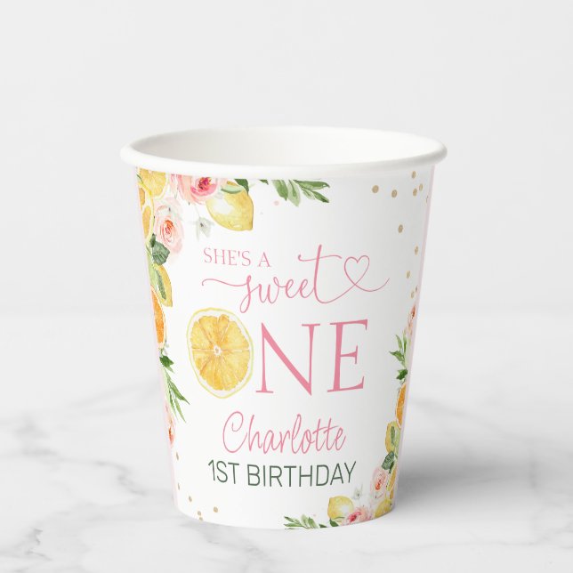 Pink Floral Citrus She's A Sweet One 1st Birthday  Paper Cups (Front)