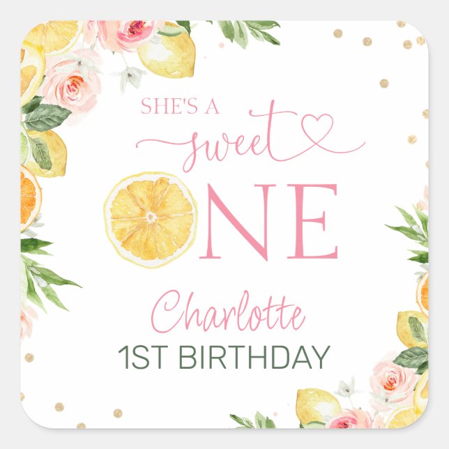 Pink Floral Citrus Sweet One 1st Birthday Party Square Sticker (Front)