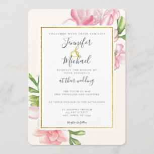 Pink Floral Classy Gold Trim Wedding Invitation