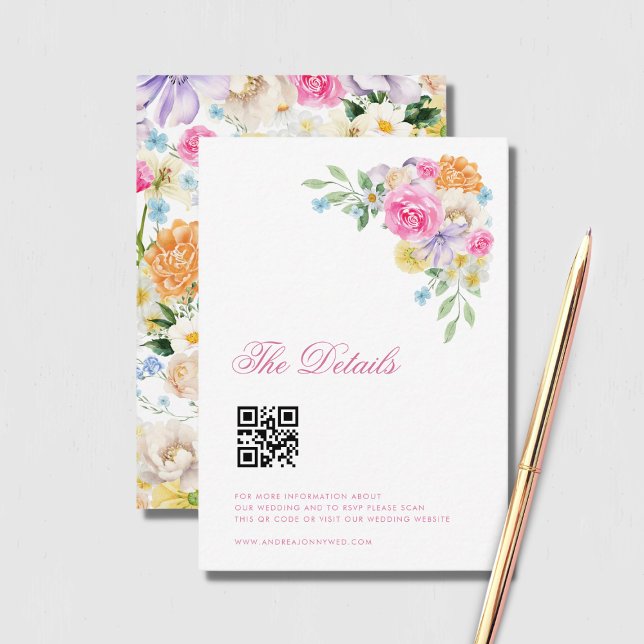 Pink Floral Classy Script QR Code Wedding Details Enclosure Card (Creator Uploaded)