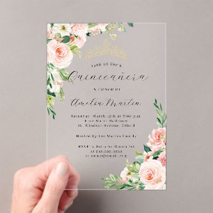 Pink Floral Clear Acrylic Floral Quinceanera  Invitations