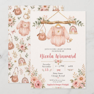 Pink Floral Clothesline Baby Shower Invitation