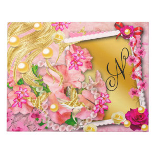 Pink Floral Collage Fairy Gold Bird Monogrammed Notepad