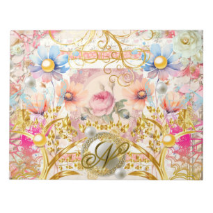 Pink Floral Collage Fairy Gold Bird Monogrammed  Notepad