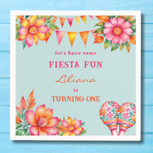 Pink Floral Colourful Blue Fiesta 1st Birthday Napkin