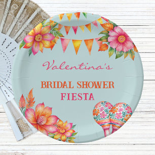 Pink Floral Colourful Blue Fiesta Bridal Shower Paper Plate