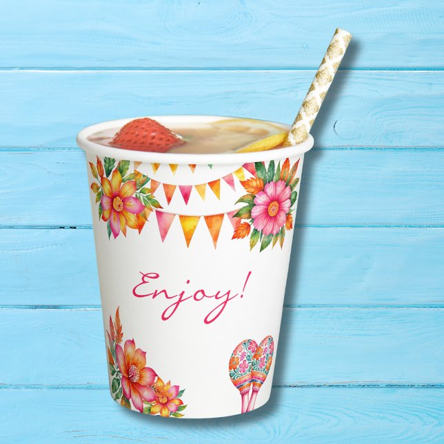 Pink Floral Colourful Fiesta 1st Birthday Paper Cups (Creator Uploaded)