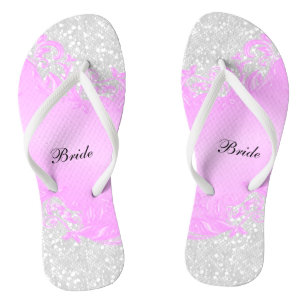 Pink Floral & Confetti Glitter   Wedding Thongs