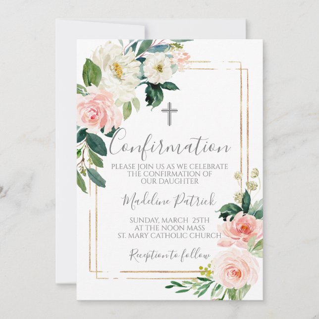 Pink Floral Confirmation  Invitation (Front)