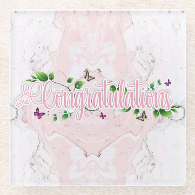 Pink Floral Congratulaions text Coaster (Front)