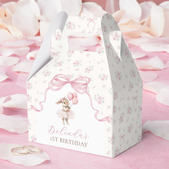 Pink Floral Coquette Bow Bunny 1st Birthday Favour Box (Wedding)
