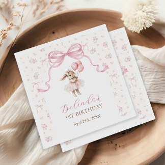Pink Floral Coquette Bow Bunny 1st Birthday Napkin