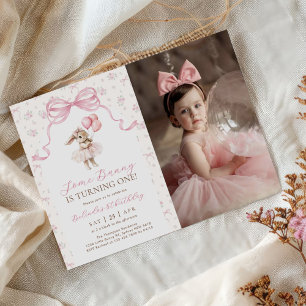 Pink Floral Coquette Bow Bunny 1st Birthday Photo Invitation