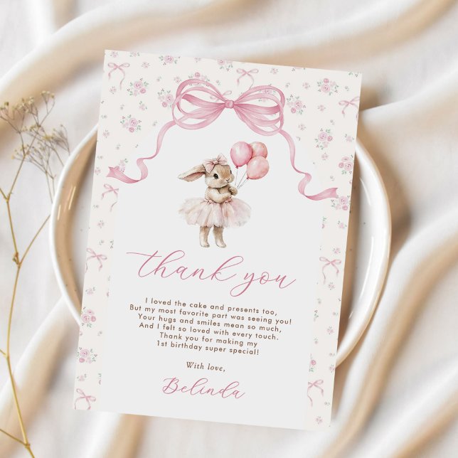 Pink Floral Coquette Bow Bunny 1st Birthday Thank You Card (Creator Uploaded)