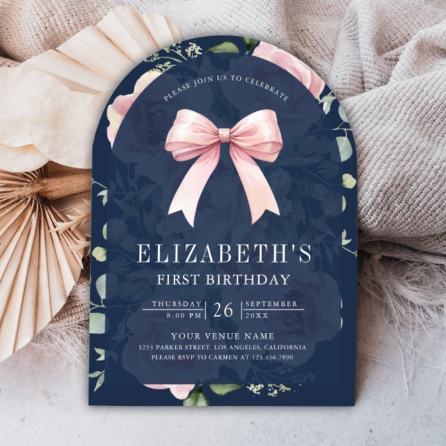 Pink Floral Coquette Bow Navy Blue First Birthday Invitation (Creator Uploaded)