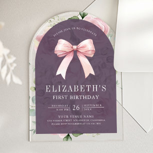 Pink Floral Coquette Bow Purple First Birthday Acrylic Invitations
