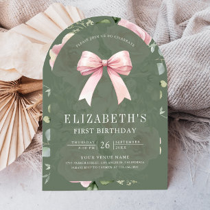 Pink Floral Coquette Bow Sage Green First Birthday Invitation