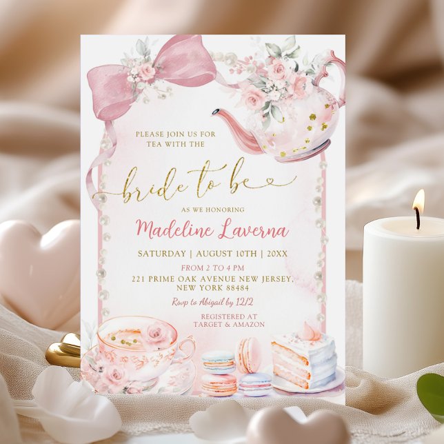 Pink Floral Coquette Pearl Bridal Shower Tea Party Invitation (Creator Uploaded)