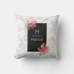 Pink Floral Corner Bouquets on Black Frame Custom Cushion