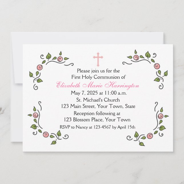 Pink Floral Corners, Religious Invitation (Front)