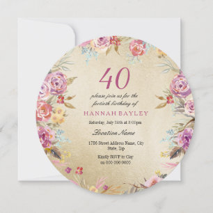 Pink Floral Country Gold 40th Birthday Party Invitation
