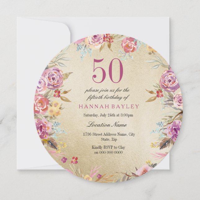Pink Floral Country Gold 50th Birthday Party Invitation (Front)