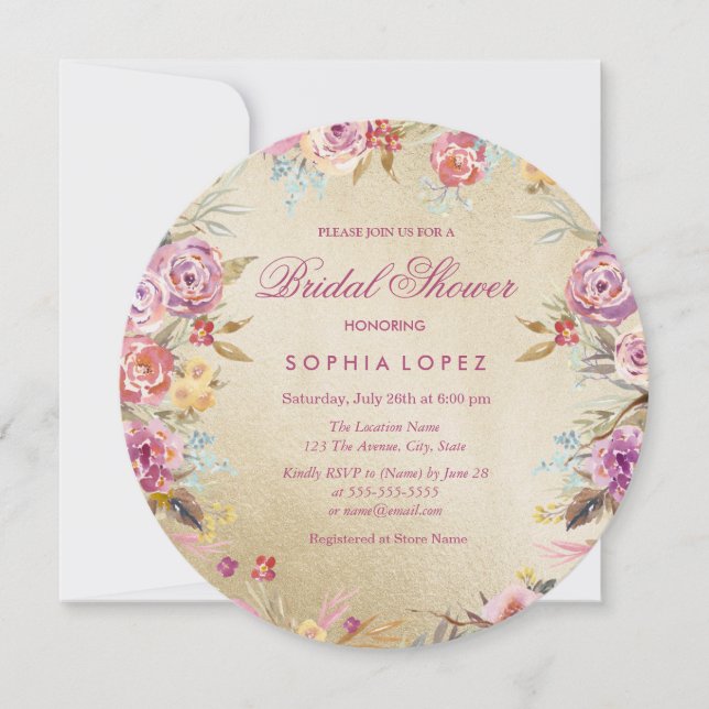 Pink Floral Country Gold Bridal Shower Invite (Front)