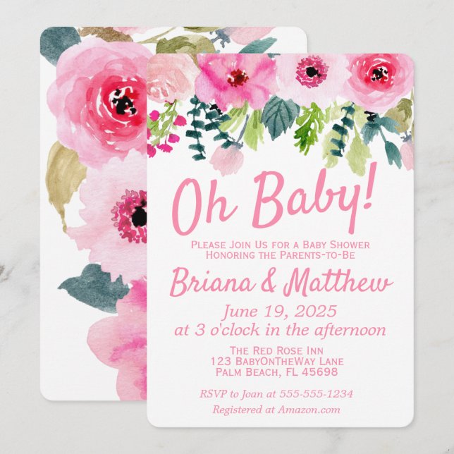 Pink Floral Couple Baby Shower Invitation (Front/Back)
