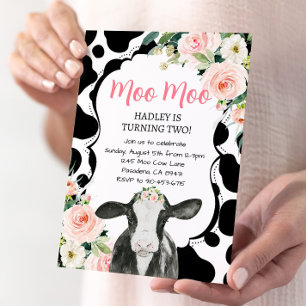 Pink Floral Cow Farm Birthday Invitation