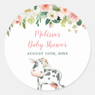 Pink Floral Cow Girl Baby Shower Classic Round Sticker