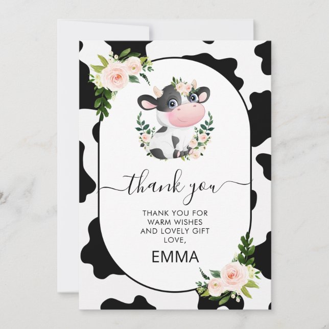 Pink Floral Cow Print Baby Shower Thank You card (Front)