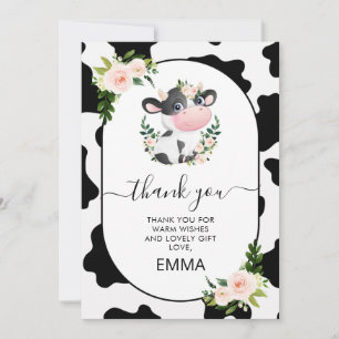 Pink Floral Cow Print Baby Shower Thank You card