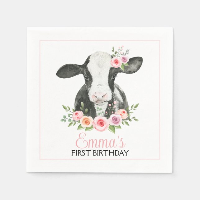 Pink Floral Cow Print Birthday Party Paper Napkin (Front)