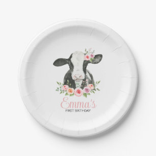 Pink Floral Cow Print Birthday Party Paper Plate