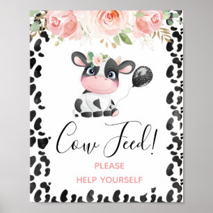 Pink Floral Cow Print Birthday Party Sign