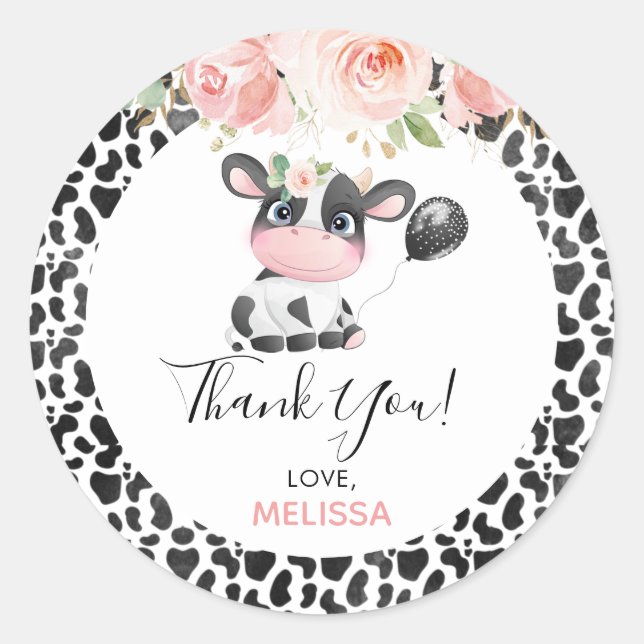  Pink Floral Cow Print Birthday Thank You Sticker (Front)