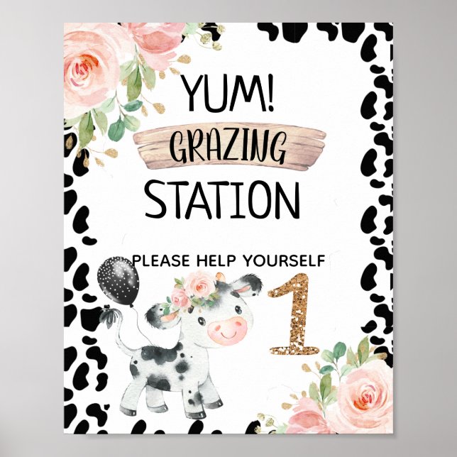 Pink Floral Cow with Cow Print Birthday Party Sign (Front)