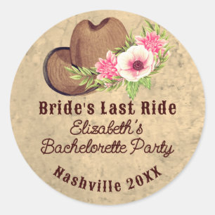 Pink Floral Cowgirl Bachelorette Bride's Last Ride Classic Round Sticker