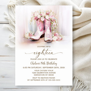 Pink Floral Cowgirl Boots 18th Birthday Party Invitation