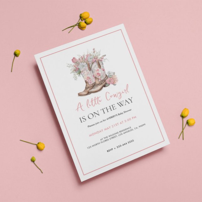 Pink Floral Cowgirl Boots and Greenery Bay Shower Invitation (Creator Uploaded)