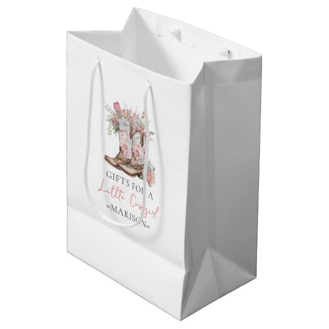 Pink Floral Cowgirl Boots and Greenery Bay Shower  Medium Gift Bag (Front Angled)