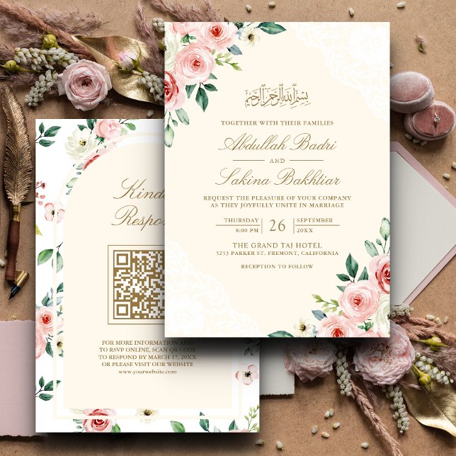 Pink Floral Cream Lace QR Code Muslim Wedding Invitation (Creator Uploaded)