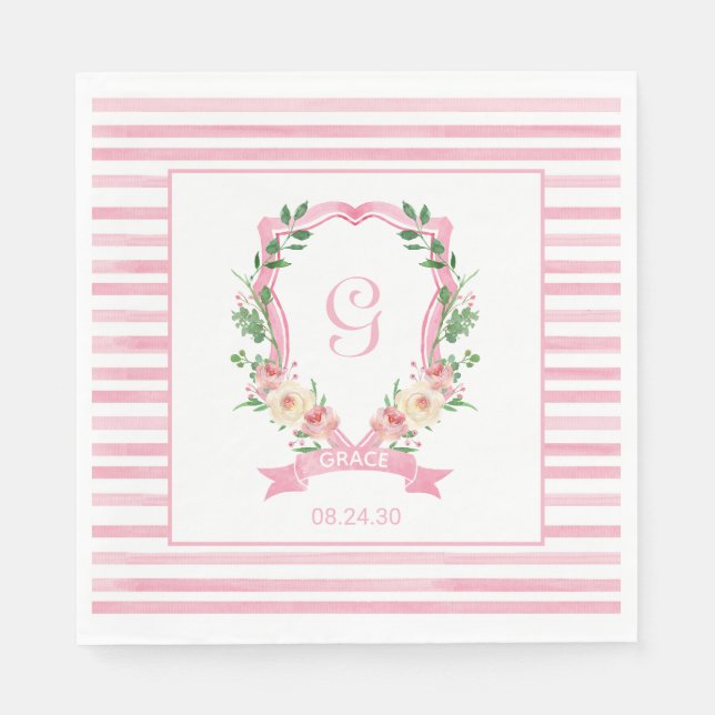 Pink Floral Crest Baby Shower Napkins (Front)