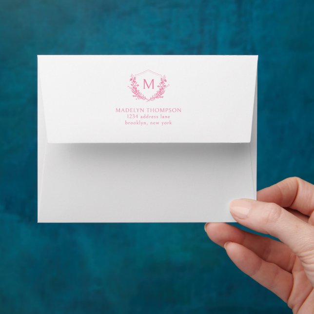 Pink Floral Crest Classic Monogram Name Address Envelope (Hand)