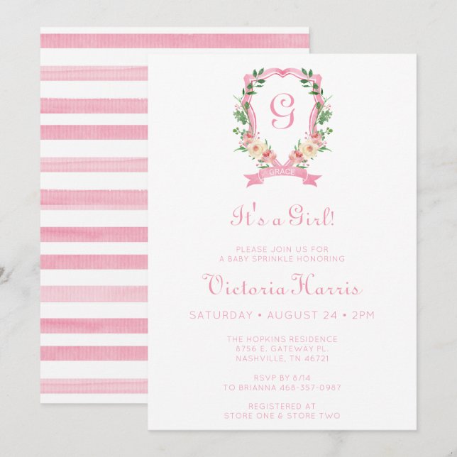 Pink Floral Crest It's A Girl Baby Sprinkle Invitation (Front/Back)