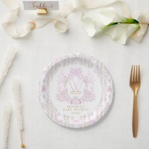 Pink Floral Crest Preppy Girl Baby Shower Paper Plate