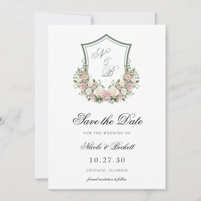 Pink Floral Crest Save The Date (Front)