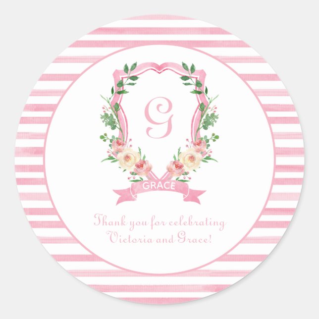 Pink Floral Crest Thank You Classic Round Sticker (Front)